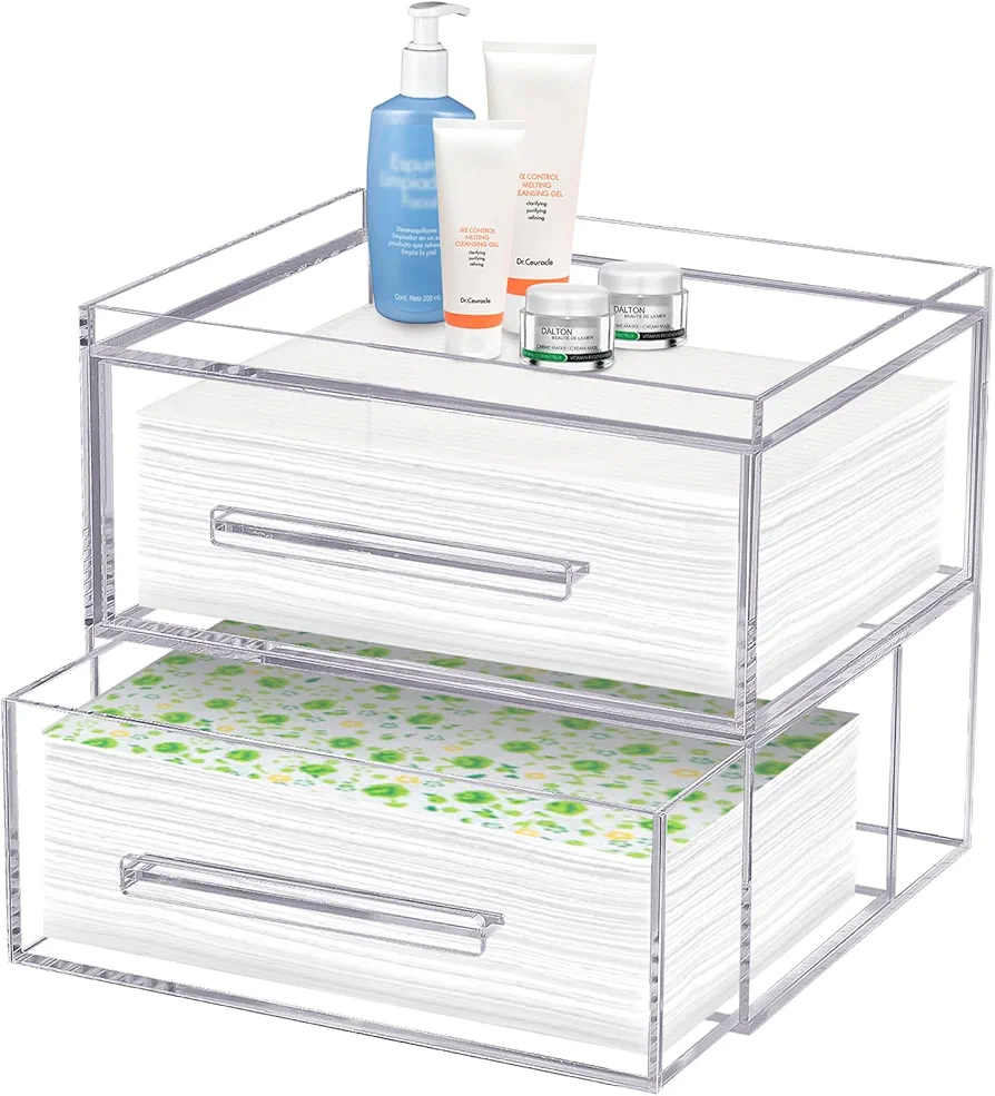 Disposable Face Towel Storage Box Acrylic Face Towel Box with Two Drawers Clear Face Towel Holder for Clean Skin Club Clean Towel Wall-Mountable Makeup Organizer (Face Towels Not Included)