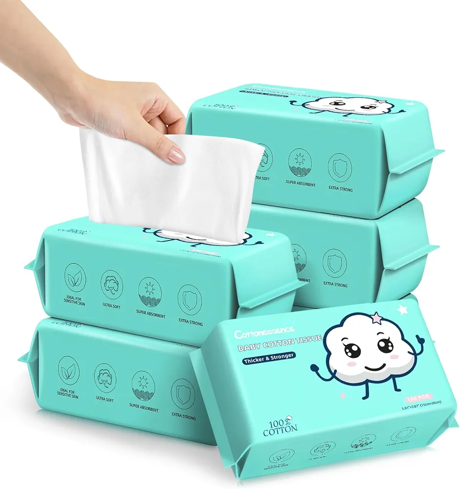Disposable Face Towels, 100% Cotton Facial Tissues for Dry and Wet Use, Biodegradable Dry Wipes, Makeup Remover Clean Skin Towels for Adults and Baby (100 Count (Pack of 6))