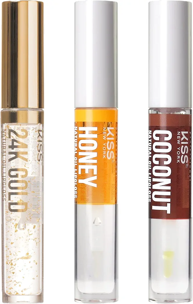 Kiss New York 3 PACK Lip Oil Gloss, Hydrating Non-Sticky Lip Oil, 100% Natural Oil Clear Lip Gloss, Lightweight Lip Moisturizer (Gold & Honey & Coconut)