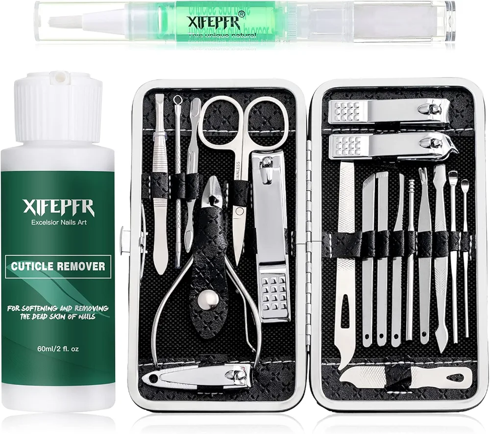 Manicure Set - Cuticle Remover Cream, 19Pcs Nail Clipper Pedicure Kit, Professional Grooming Kit with Black Luxurious Travel Case, Stainless Steel Nail Kit for Men Women, Gifts for Women