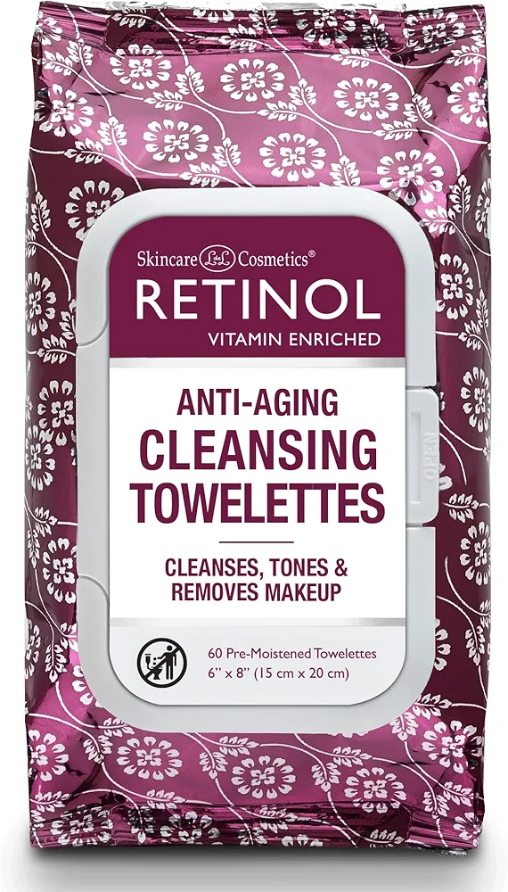 Retinol Anti-Aging Cleansing Towelettes – All-in-One Cleanser, Toner & Makeup Remover in a Convenient Pre-Moistened Wipe – On-The-Go Exfoliating, Toning & Hydrating Leaves Skin Clean, Fresh & Refined