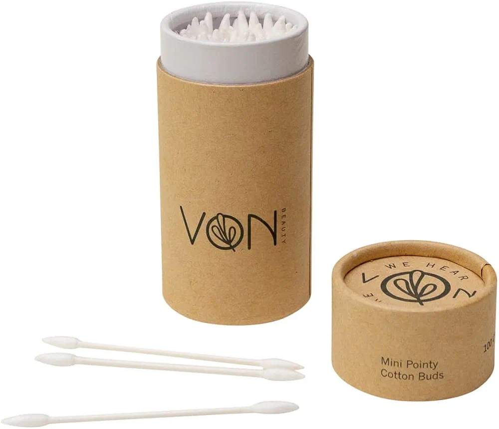 Voice of Nature Beauty Sustainable Mini Pointy Cotton Ear Buds - 100 Pieces - Eco-Friendly - Recycled Paper Stems - Organic Cotton