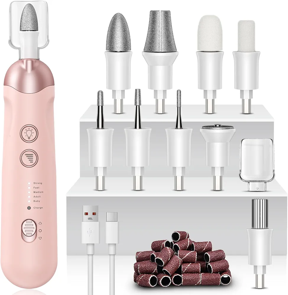 AOMEES Electric Nail File Set, Rechargeable Professional Manicure Pedicure Kit, 5 Speeds Hand Foot Care Tool for Nail Grind Trim Polish - with 100Pcs Nail Drill Bits Sanding Bands (Pink)