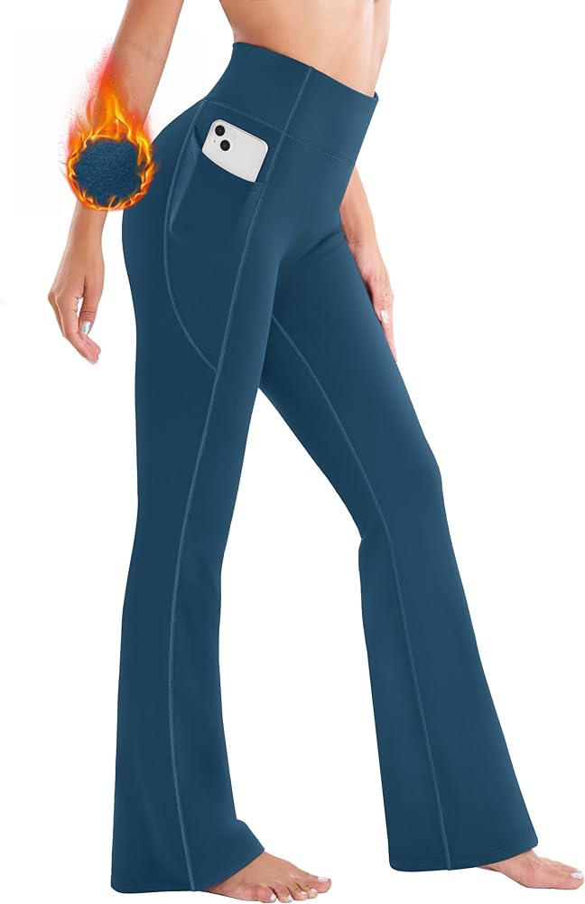 Ewedoos Fleece Lined Pants Women Thermal Yoga Pants with Pockets High Waist Warm Pants Winter Flare Leggings for Women