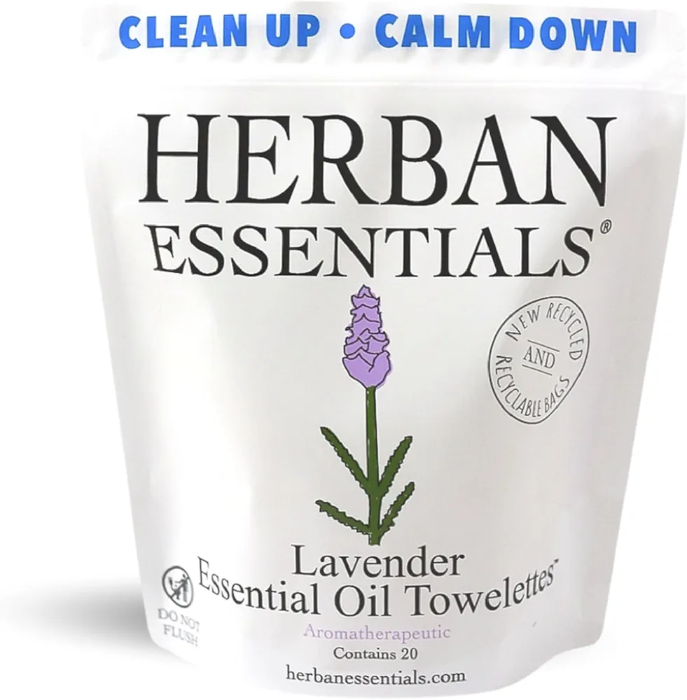 Herban Essentials Lavender Towelettes - Essential Oil Wipes for Hands, Travel Face Wipes - Natural Hand Wipes, Moist Towelettes Individually Wrapped Body Wipes - 20 Count