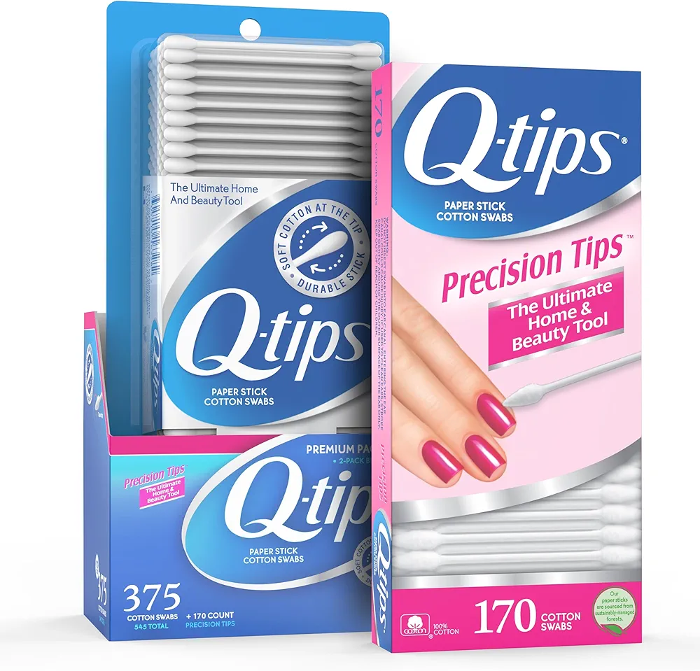 Q-Tips Cotton Swabs 375 Count + Precision Tip Cotton Swabs 170 Count - Original Cotton Swabs Plus 1-Pack with Pointed Tips, Makeup Tools, Beauty Tools & Personal Care (2 Piece Set)