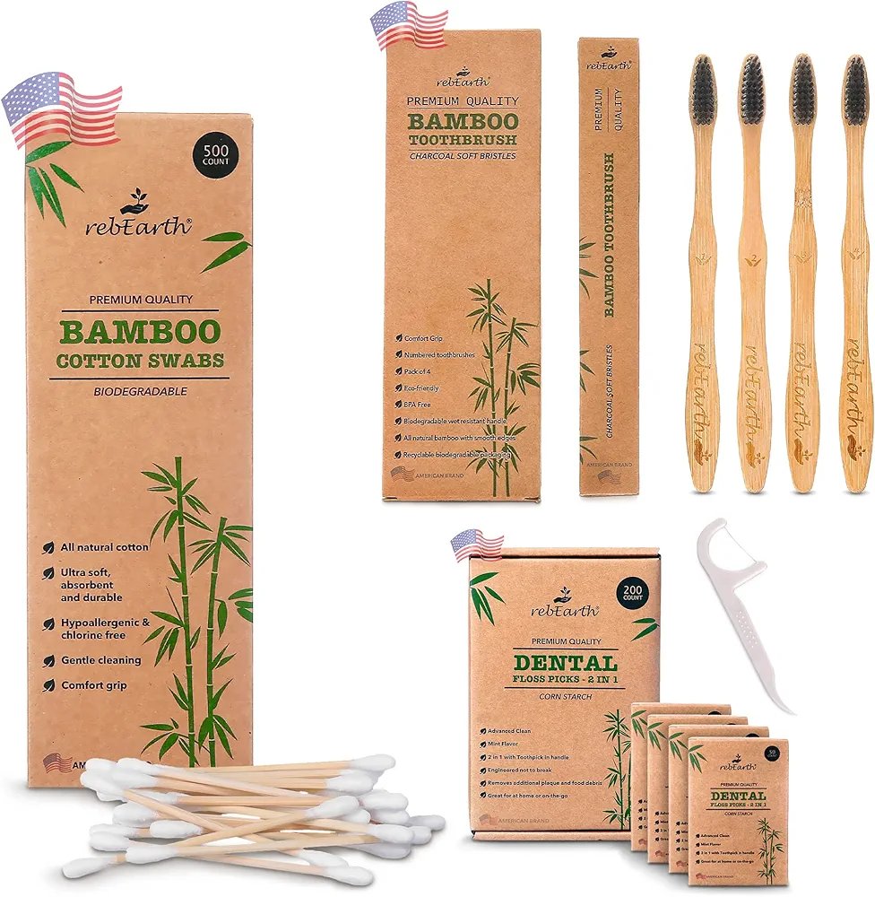 rebEarth Bamboo Wood Toothbrush, Dental Floss Pick and Cotton Swab | Ultra Soft Bristles | Black Charcoal Infused | Flossers w/Mint Flavor | Smooth & Shred Resistant | Upgrade Hygiene & Reduce Waste
