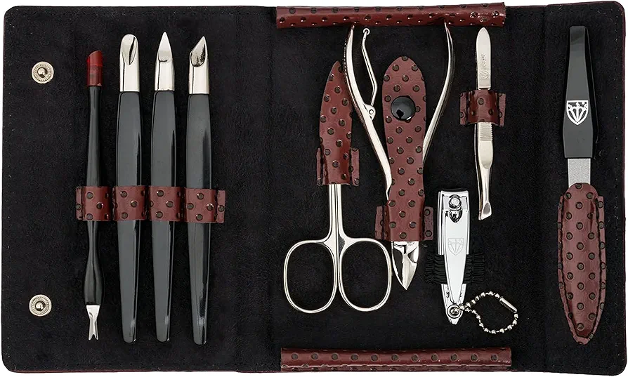 3 Swords Germany - brand quality 9 piece manicure pedicure grooming kit set for professional finger & toe nail care scissors clipper fashion leather case in gift box, Made in Solingen Germany (81201)