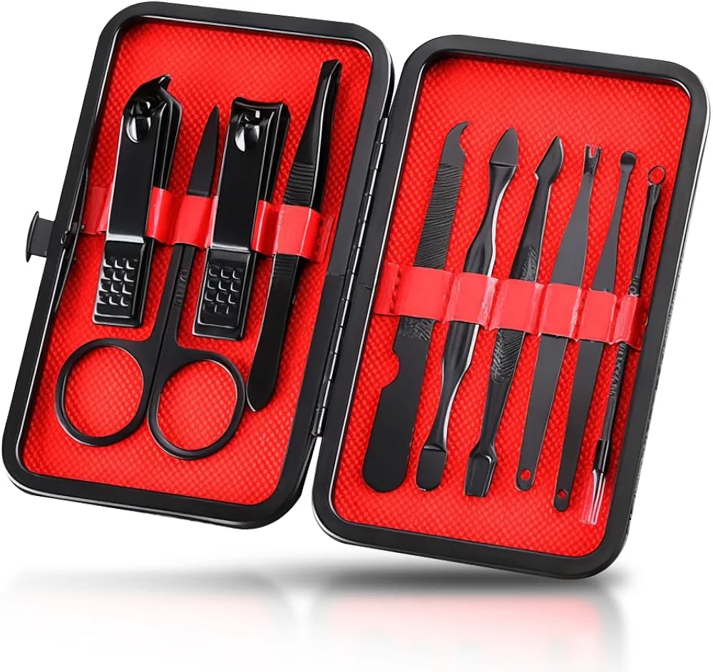 AceMan Nail Clipper Kit - Personal Stainless Steel Manicure and Pedicure Tools for Men and Women, Portable Luxurious Black Leather Case, Travel Size Set of 10 Pieces