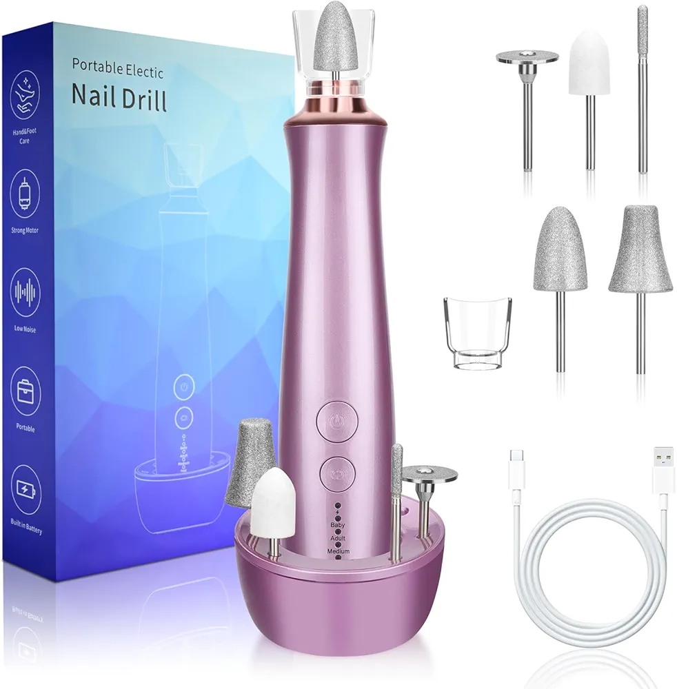Professional Manicure Pedicure Kit with Charging Base, Cordless Electric Nail Drill Set with 5PCS Drill Bits, 5 Speeds Electric Nail File Machine, Hand Foot Care Grinder Tool for Thick Nail Acrylic