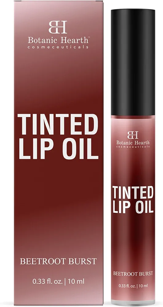 Botanic Hearth Tinted Lip Oil | Moisturizing Lip Gloss Oil for Dry Lips | Deep Red Gloss | Lightweight & Non Greasy | 0.3fl oz