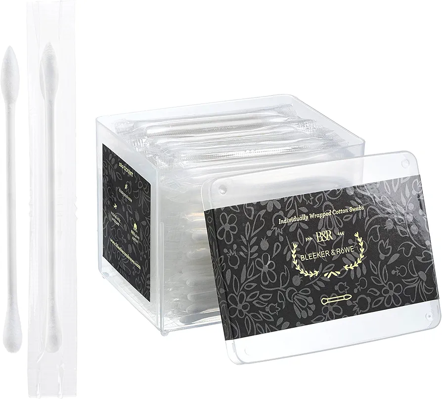Pointed Q Tips Qtip Bleeker and Röwe Individually Wrapped Cotton Swabs 180 Count - Chlorine & Oil Free - Recyclable & Biodegreadable - Perfect for Travel Makeup
