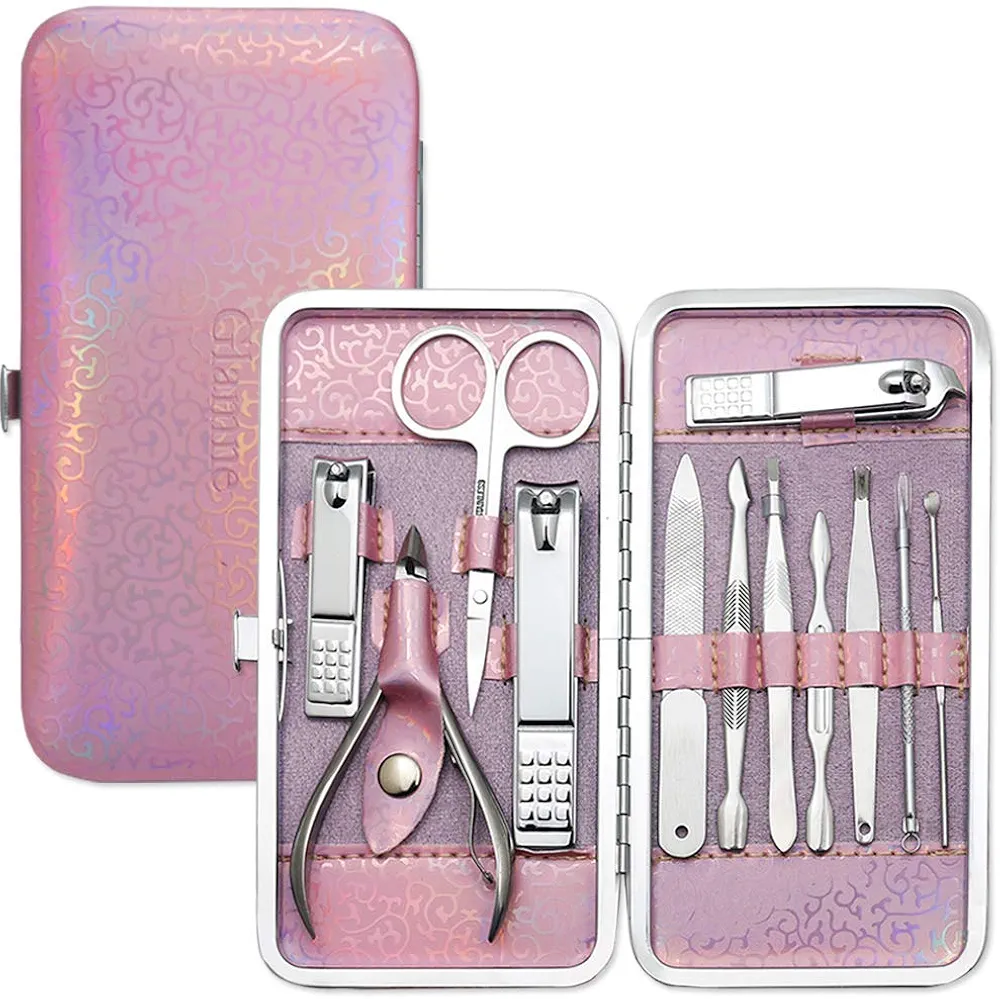 Manicure Pedicure Set Tools Professional Stainless Steel Nail Care Kits with Holographic Travel Case(Pink)