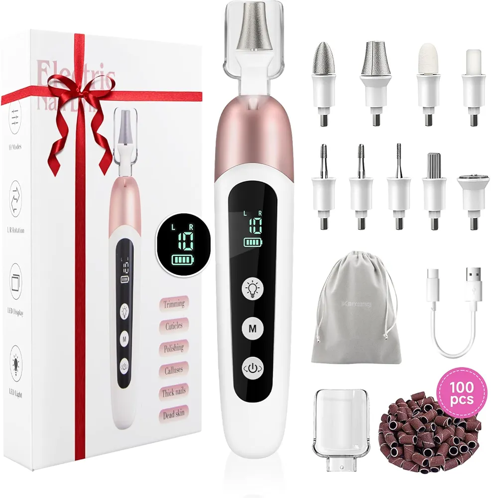 Electric Nail File Set, 9 in 1 Professional Manicure and Pedicure Kit, Cordless Nail Drill for Feet, LCD Display 10 Speeds Electric Nail Drill Machine, Hand Foot Care Tool