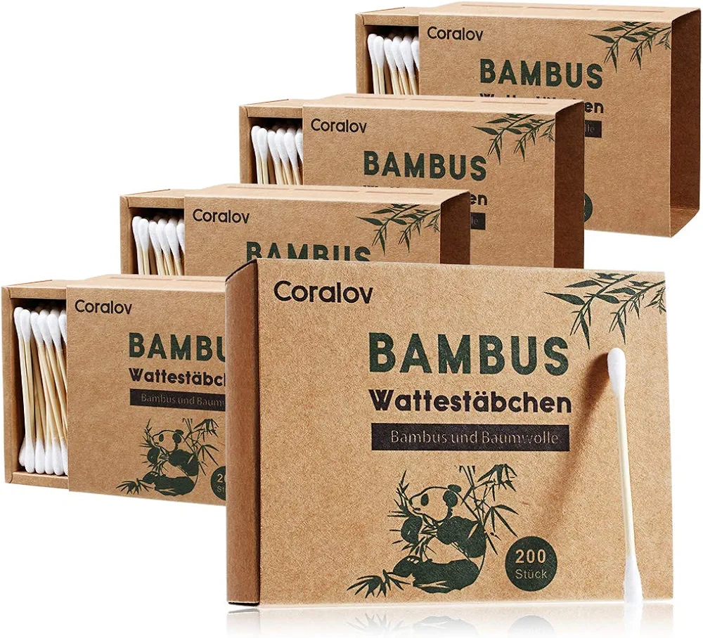 Bamboo Cotton Swab 1000PCS Double Cotton Buds bamboo Cotton Bud Eco organic bamboo ear swab for Ear Skin Jewelry Art Pet Cleaning Craft Paper Packaging (5 PACKS OF 200 STICKS)