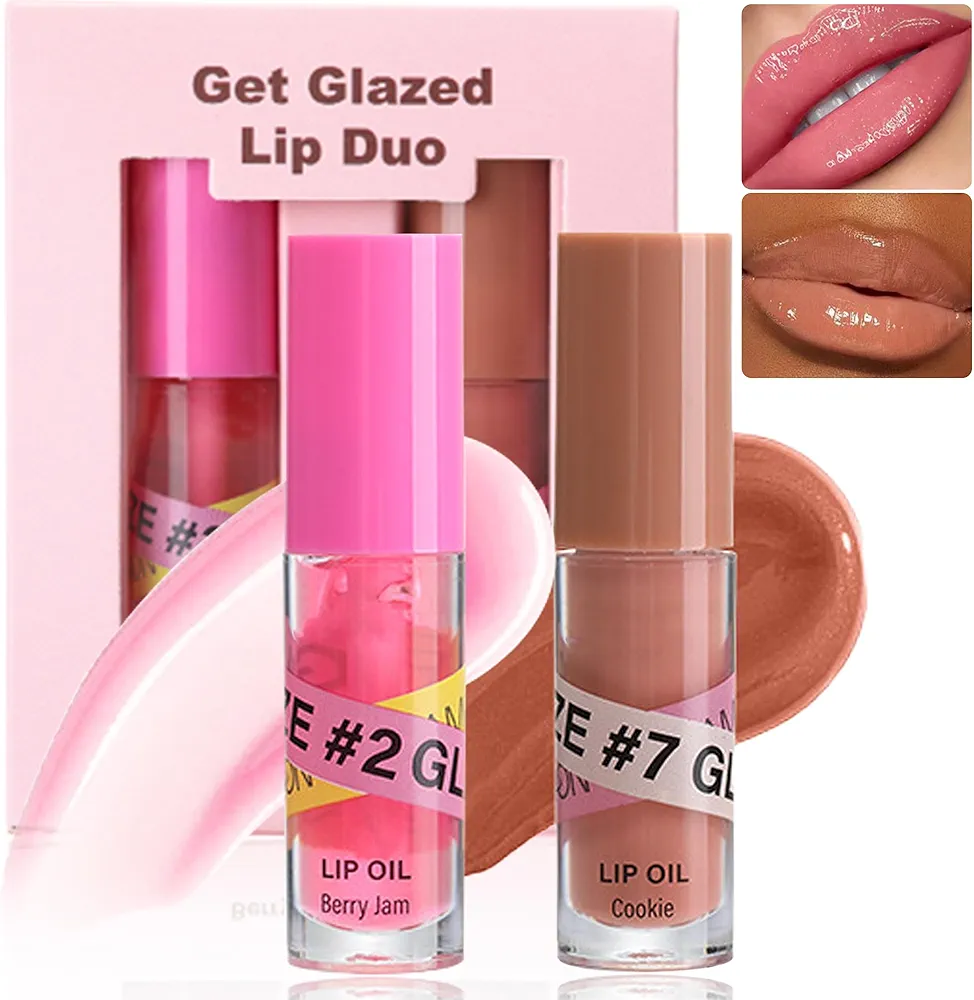 Lip Gloss Oil Set-2 Colors Hydrating Fat Oil Lip Gloss,Tinted Lip Glow Oil, Shiny and Vegan Lip Glaze Lip Tint, Glitter Crystal Jelly Lip Oil Plumping,Christmas Makeup Gift Kit for Women-Set C