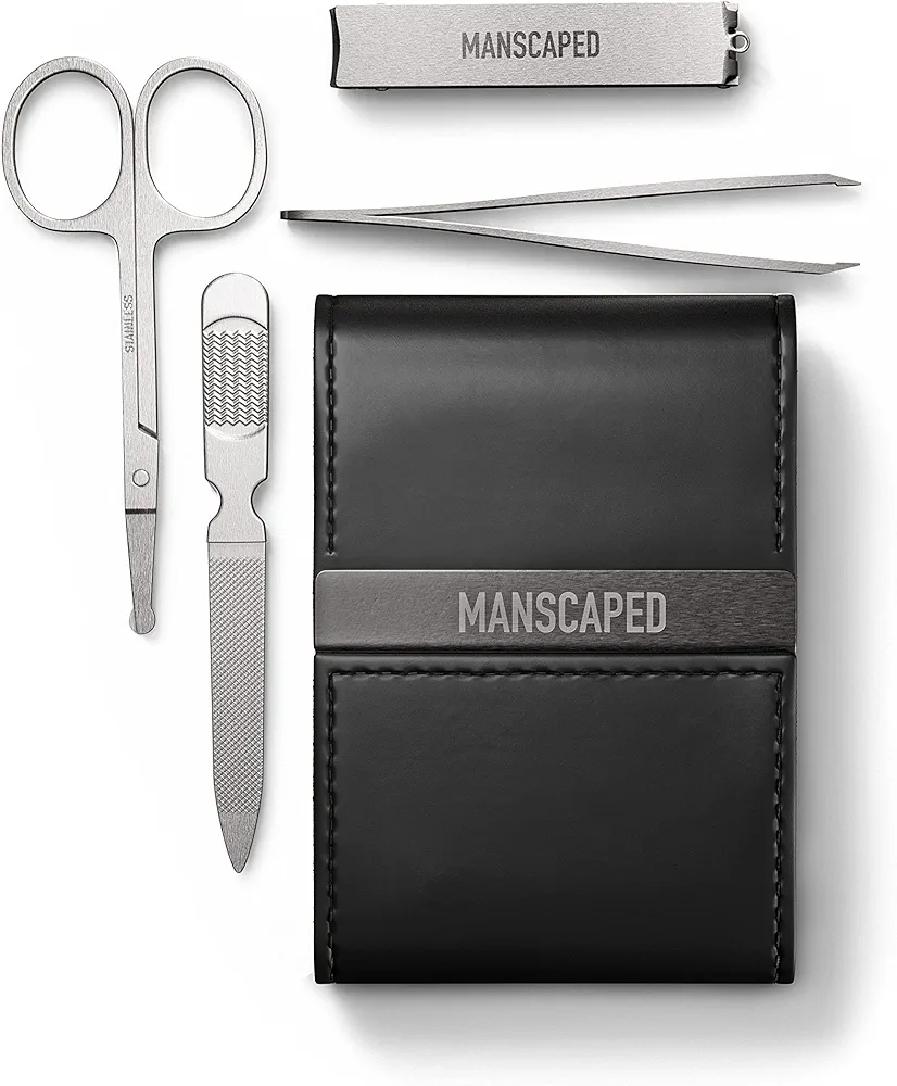 MANSCAPED® Shears 2.0 Tempered Stainless Steel Men's Nail Kit, Fingernail Clippers, Safety Scissors, Tweezers and Nail File, Travel Manicure Pedicure Set, 4-Piece Luxury Grooming Kit with Compact Case