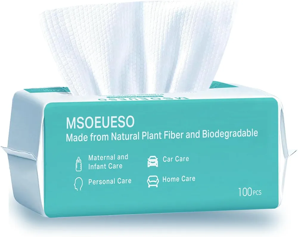 MSOEUESO Soft Dry Wipes Cotton Facial Tissues, 100 Count Disposable Face Towel, Cotton Clean Towels for Sensitive Skin, Facial Cleansing, Makeup Removing, Surface Cleaning