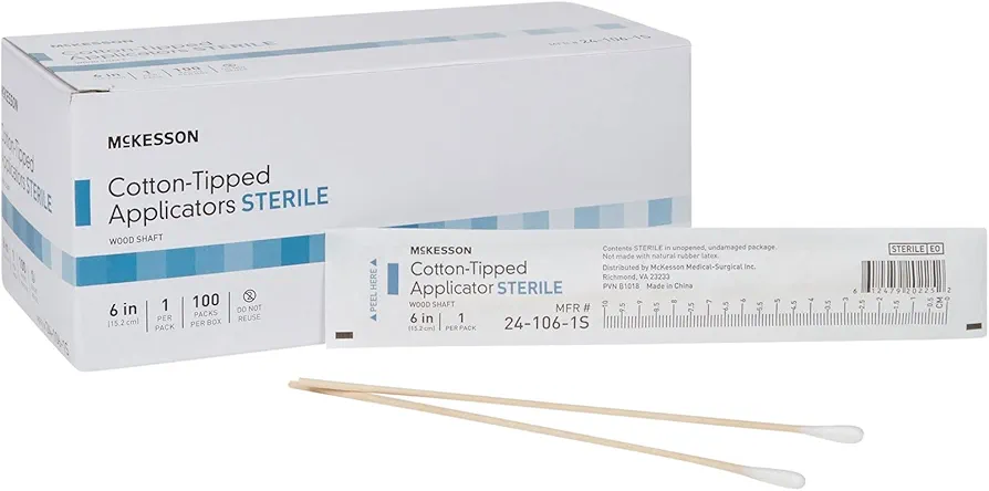 McKesson Cotton-Tipped Applicator Swabstick, Sterile, Wood Shaft, 6 in, 1 Count, 100 Packs, 100 Total
