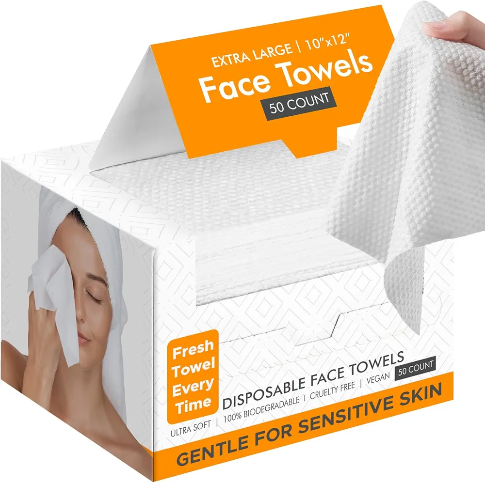 Face Towels - Ultra Soft and Thick Disposable Face Towelettes for Women - Biodegradable Facial Towels for Sensitive Skin - Face Cleansing, Makeup Removal, 10x12 Extra Large - 50 Pack