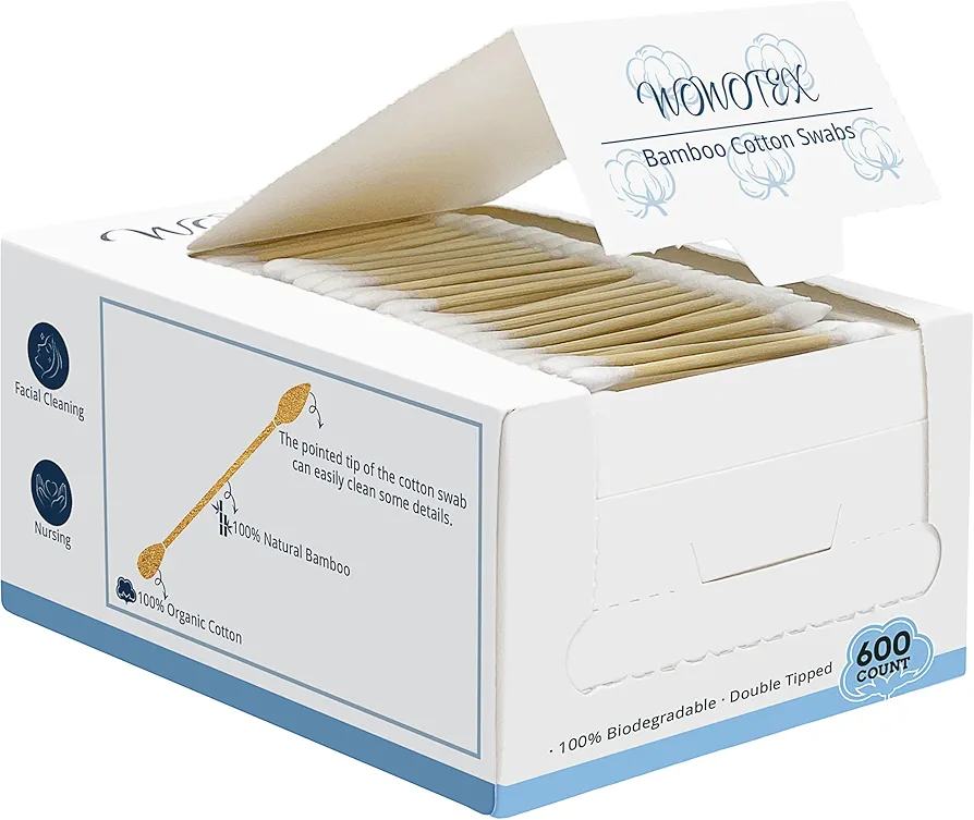 Bamboo Cotton Swabs 600 Count/1 Box, One Pointed Tip and One Rounded Tip, Biodegradable Cotton Buds with Organic Bamboo Sticks, for Ear Wax Removal, Draw the Eyeliner, Nail Polish Touch-ups