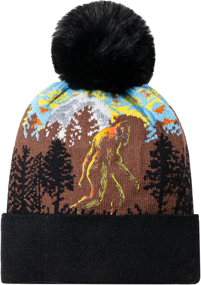 Womens Mens Winter Knitted Beanie Hat with Faux Fur Pom, Big Foot Unique Pom Pom Sasquatch Chunky Beanie Hat Cuffed