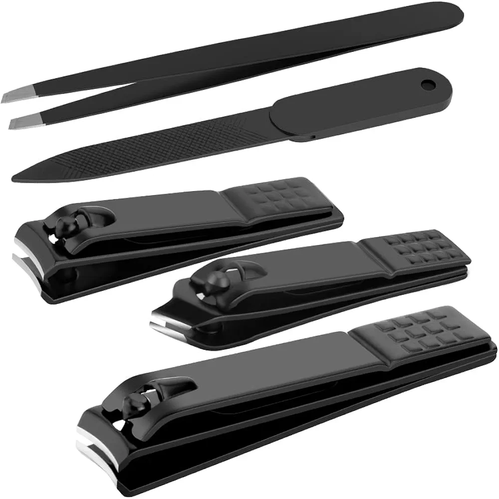 Nail Clippers Set Black Matte Stainless Steel Fingernail & Thick Toenail & Ingrown Nail Clippers & Tweezers & Nail File, Perfect 5 pcs Nail Clippers Cutter for Men and Women(Black)