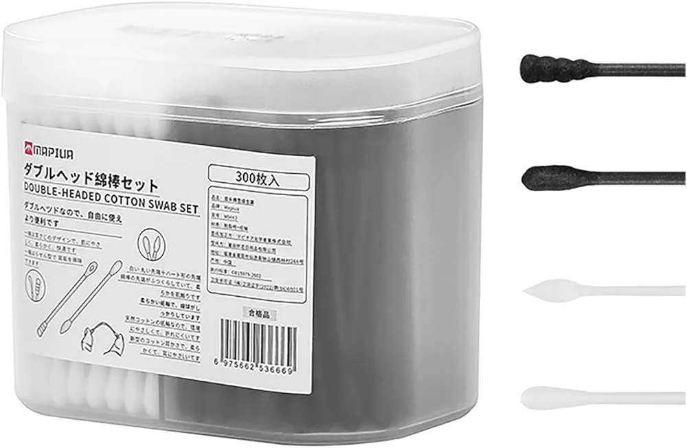 Double-Double Cotton Swab Set (Pack of 300), Include 4 Different Types of Swab Tips (Spiral, Round, Pointed and Earpick), Versatile and Functional for Different Uses
