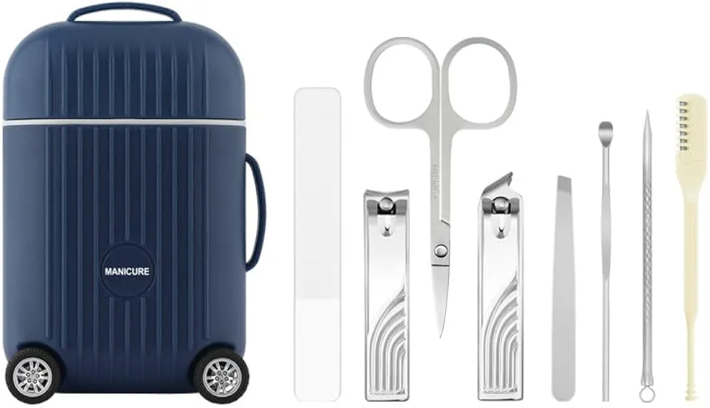 Manicure Set Personal Care Nail Clipper 8 PCS Nail Clipper Set -Stainless Steel Nail Tools,Professional Nail Care kit,Manicure Grooming Set with Luxurious Travel Case (Blue)