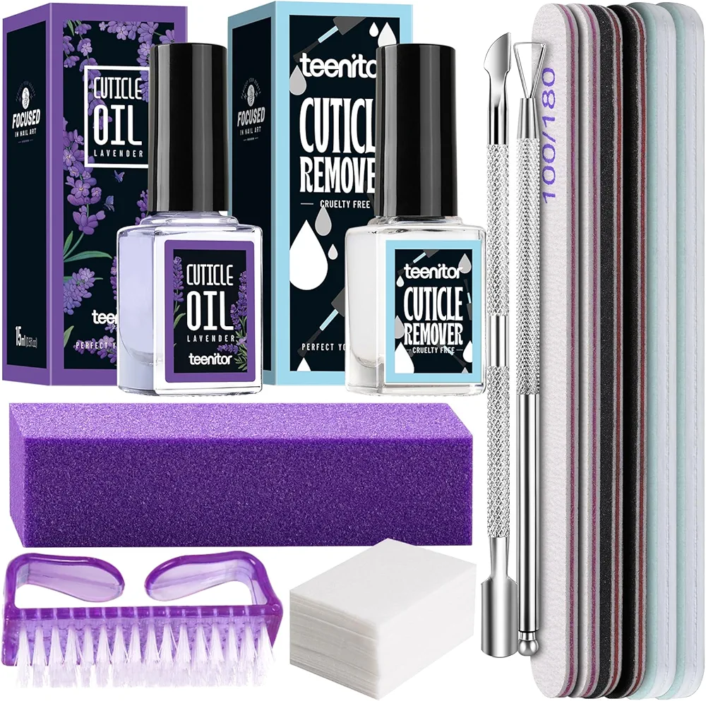Teenitor Nail Files and Buffers, Cuticle Remover, Nail Care Kit, Nail File, Cuticle Softener, Cuticle Oil, Cuticle Pusher, Cuticle Peeler Scraper, Cuticle Remover Liquid, Nail File Kit Lavender