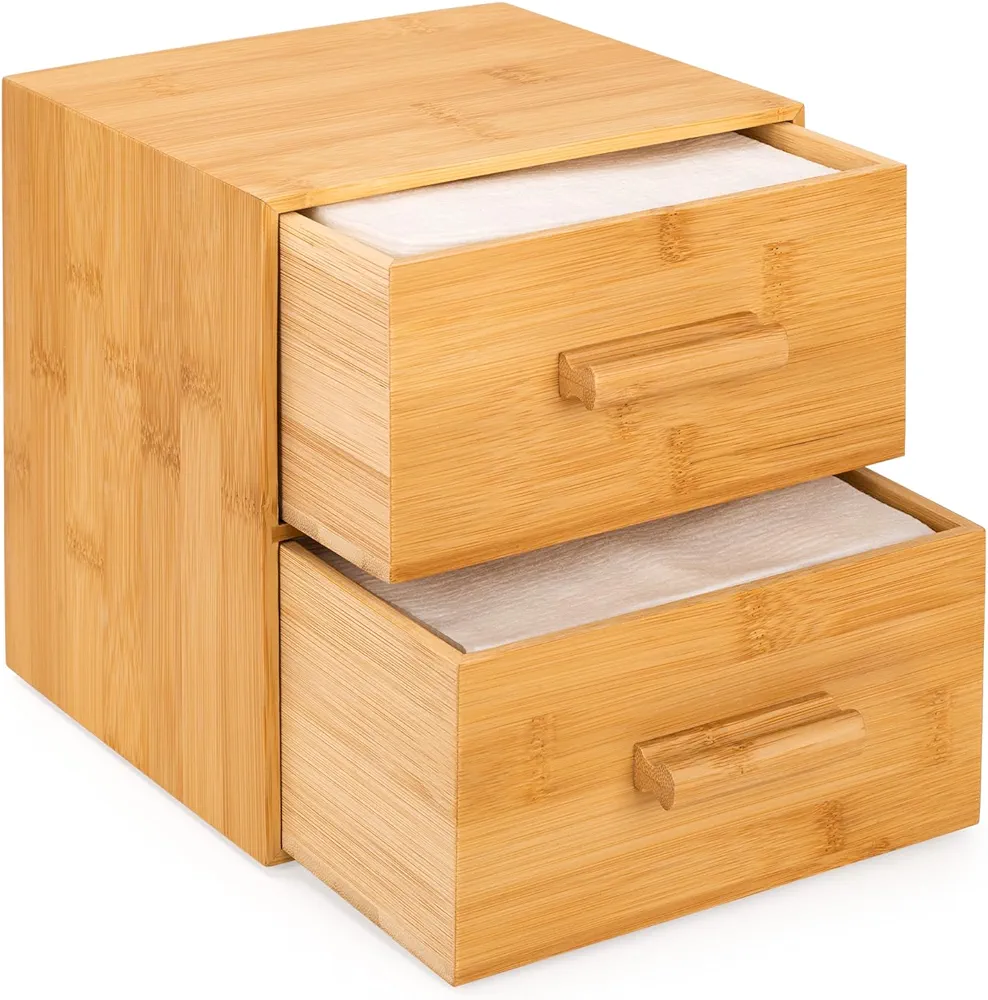 Bamboo Box with Makeup Remover Wipes, 50 PCS XL Disposable Face Towels, Wash Cloths for Your Face and Body, Double-drawer Bamboo Container for Face Towelettes (Bamboo Container, 50 Face Cloths)