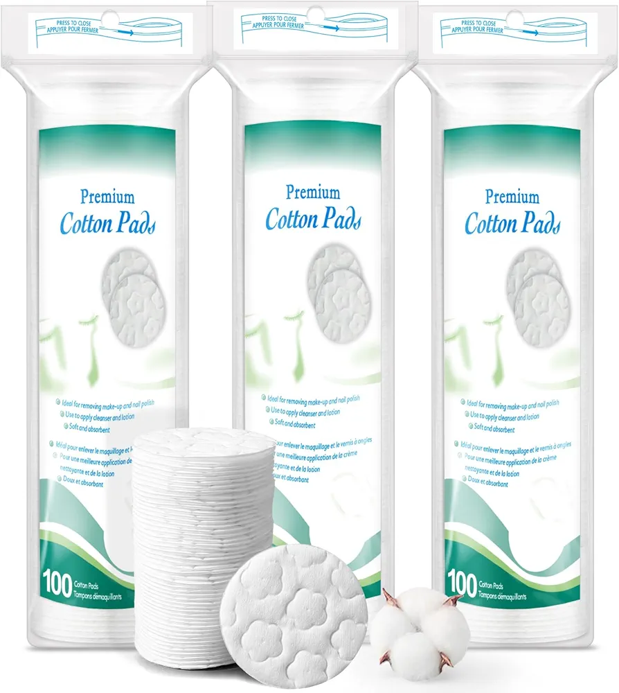 Premium Cotton Rounds for Face, 300 Count Makeup Remover Pads, 100% Pure & Natural Facial Cleansing Round Pads, Hypoallergenic, Lint-Free