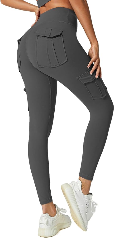 JEGGE High Waist Yoga Leggings with 4 Pockets,Tummy Control Workout Running 4 Way Stretch Cargo Pocket Leggings