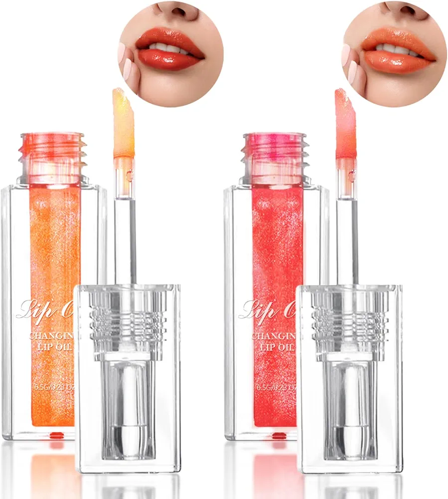 2Pcs Magic Color Changing Lip Oil Boss Up Lip Gloss Color Changing Lip Glow Oil Moisturizing Transparent Plumping Lip Tinted Oil for Lip Care