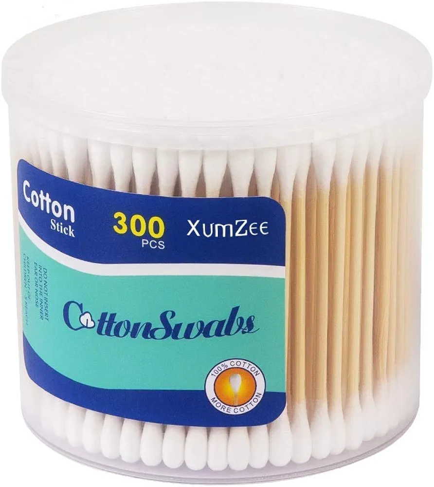 300ct Cotton Swabs with Strong Bamboo Sticks by Xumzee: 100% Pure Natural Cotton,Biodegradable, Chemical Free Cotton Buds