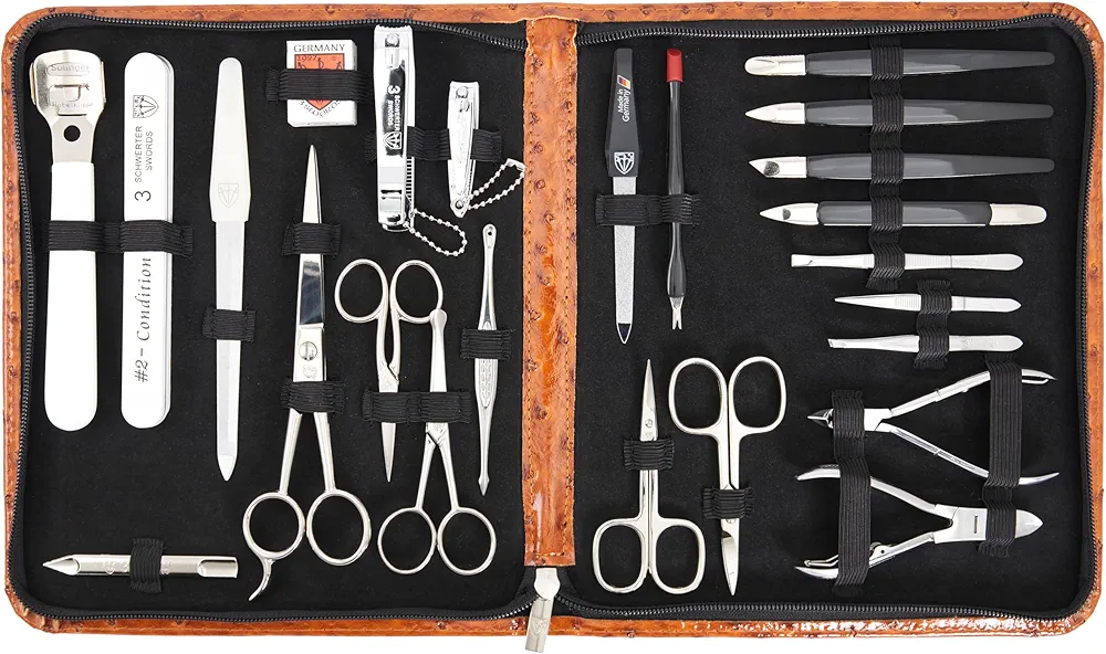 3 Swords Germany - Brand Quality 23 Piece Manicure Pedicure Grooming kit Set for Professional Finger & Toe Nail Care Tweezers File Clipper Fashion Leather case in Gift Box, Made by 3 Swords (7452)