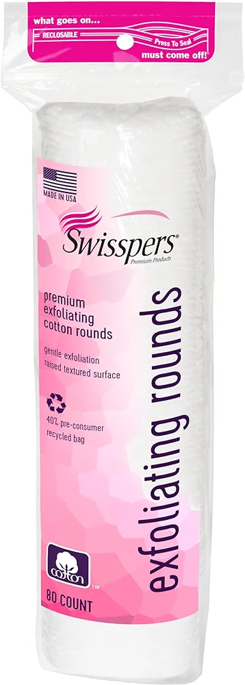 Swisspers Premium Exfoliating Rounds, 2 Distinct Raised Textured Surface, Cotton Facial Pads, 80 Count Re-closable Bag