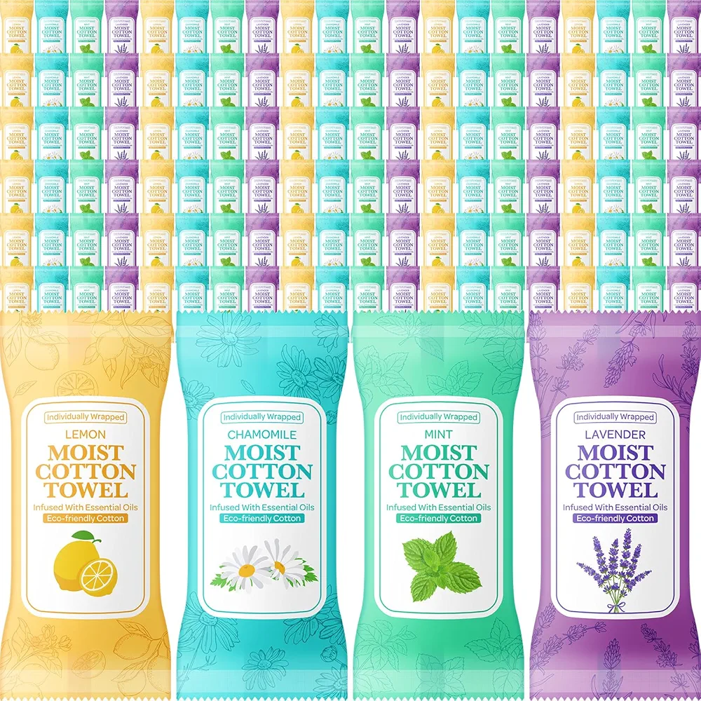 Moist Cotton Towel Individually Wrapped Moist Towelettes Disposable Face Towel 8.6'' x 8.6'' Hot/Cold Moistened Cleansing Wipes Towel, Lemon, Chamomile, Mint and Lavender Scent (300 Pcs)