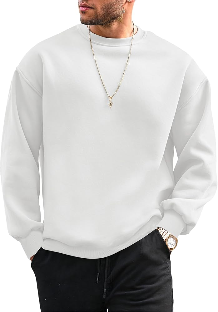 Caracilia Mens Fleece Crewneck Long Sleeve Pullover Sweatshirts Soft Loose Fit Basic Fall Outfits