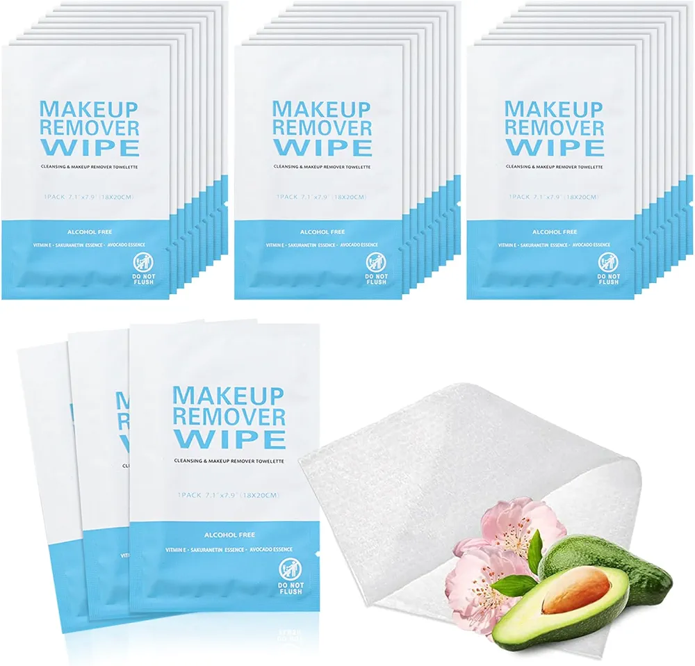 100 Pack Individual Makeup Remover Wipes, Makeup Remover Wipes Individually Wrapped Makeup Wipes Bulk Face Cleansing Wipes, Travel Makeup Remover Cloth for Travel Hotel Skin Care Face Cleansing