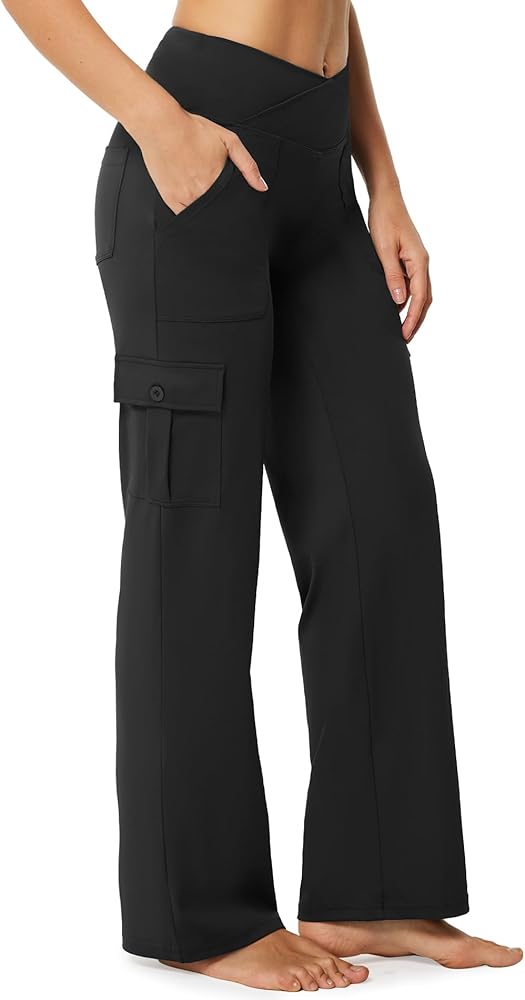 Yoga Pants Women Wide Leg Cargo Pants with Pockets Crossover High Waist Business Casual Dress Pants