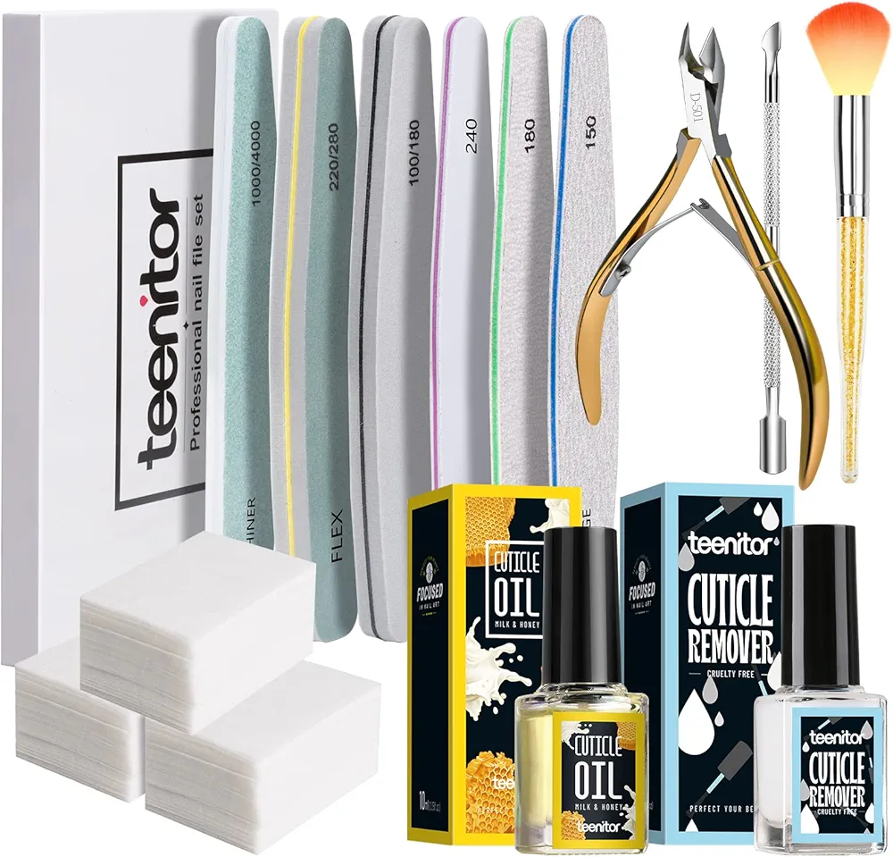 Teenitor Nail and Cuticle Care Tools kit with Cuticle Remover, Nail Files Buffer, Cuticle Nail Clipper, Cuticle Peeler Scraper Pusher and Cutter,Cuticle Oil and Clean Cotton Pad