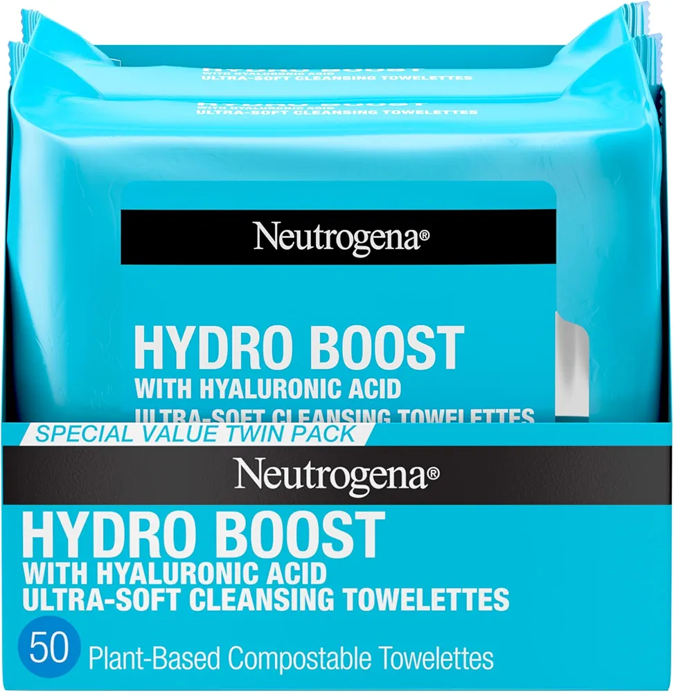 Neutrogena Hydro Boost Face Wipes + Hyaluronic Acid, Hydrating Makeup Remover Wipes Remove Dirt & Waterproof Makeup, Hypoallergenic, 100% Plant-Based Cloth, 2 x 25 ct