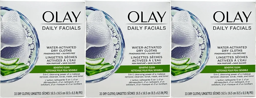 OLAY Daily Gentle Clean 5-in-1 Water Activated Cloths, 33 Count (Pack of 3)