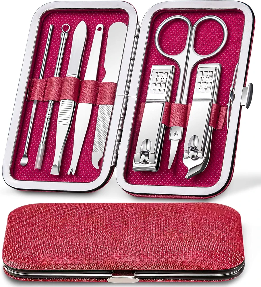 Manicure Kit Nail Clippers Personal Care 8 in 1 Professional Pedicure Set Stainless Steel Grooming Kit Fathers Gift for Women Friend Parent Nail Care Tools with Travel Case Red