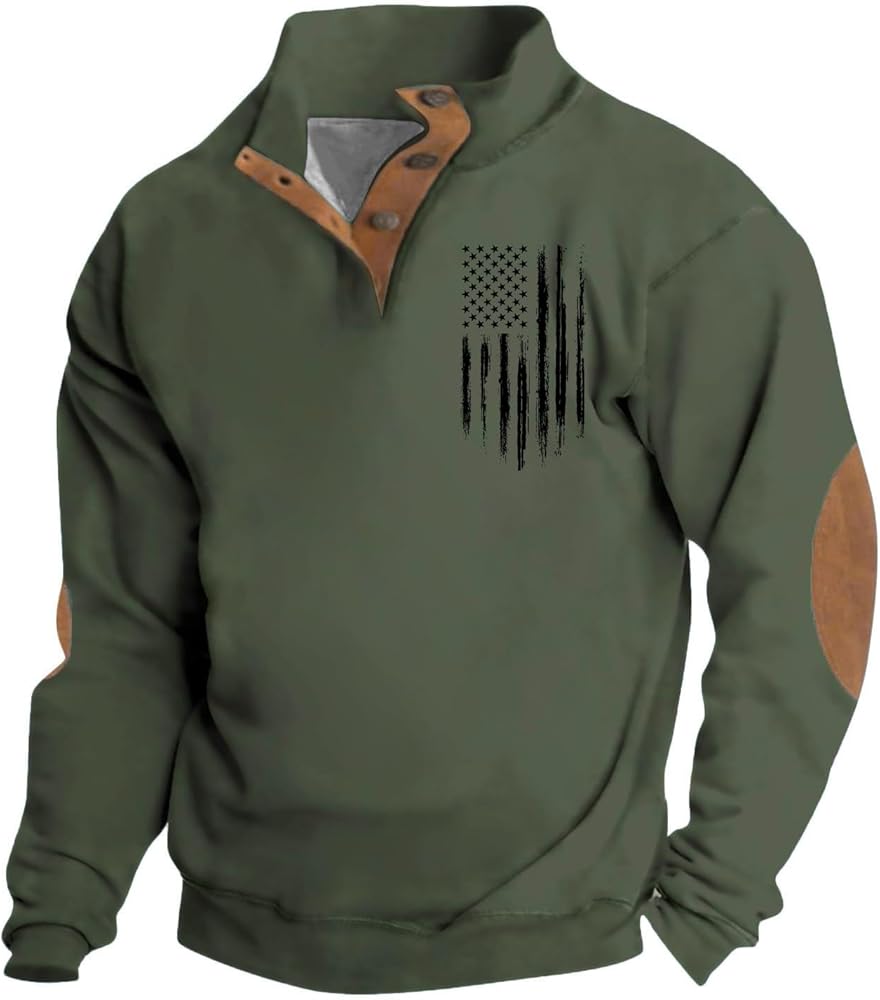 Men's Sweatshirt Vintage American Flag Graphic Long Sleeve Henley Neck Button Patchwork Pullover Sweaters