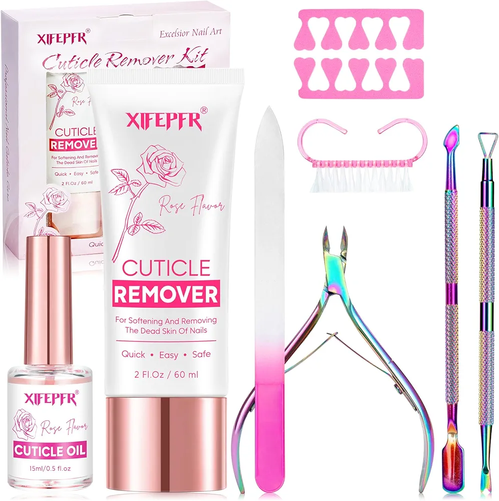 Cuticle Remover Kit - Cuticle Remover Cream & Cuticle Oil, Rose Flavor Cuticle Care Kit with Cuticle Trimmer Cuticle Pusher Cuticle Nipper for Manicure, Removedor de Cuticula for Nail Care