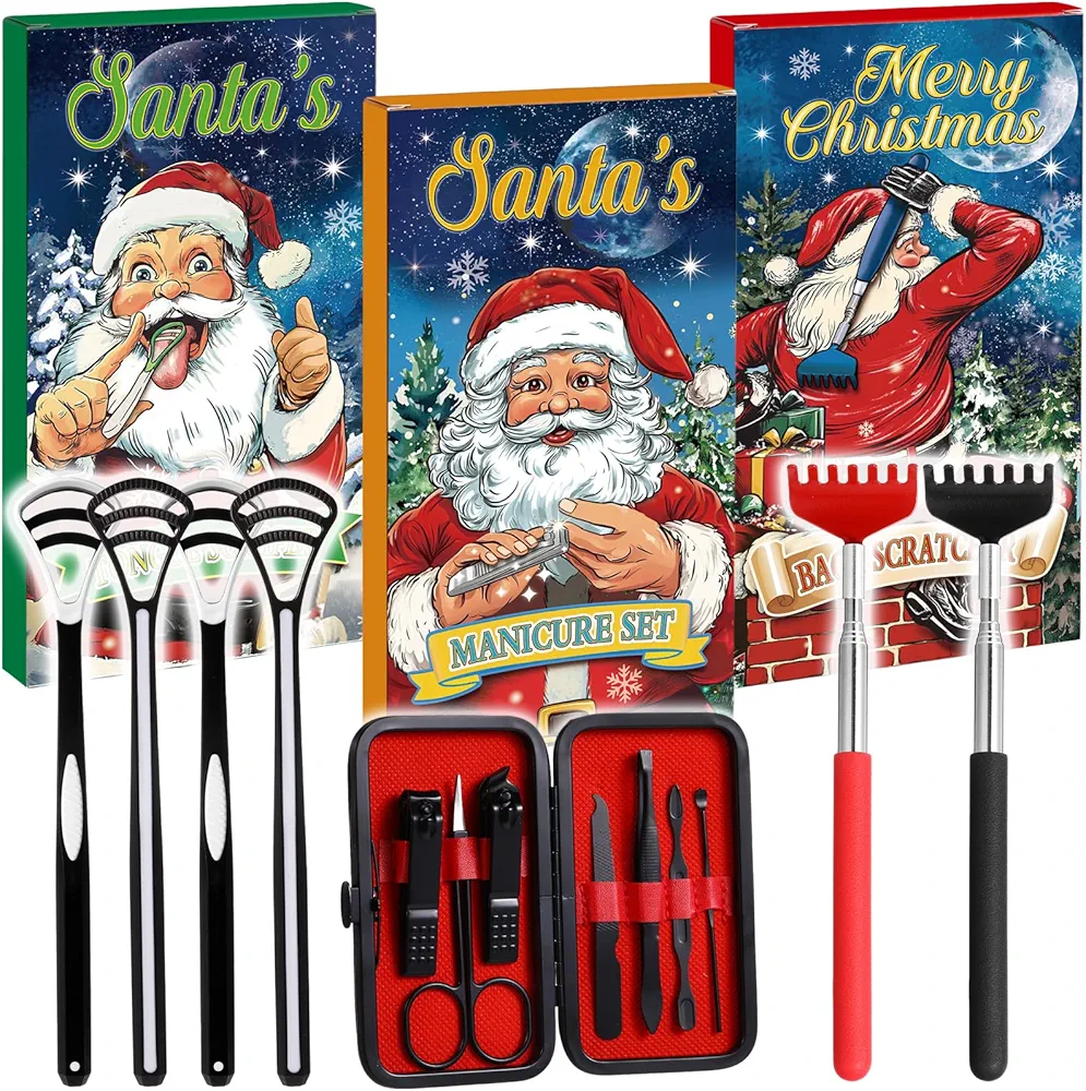 Honoson 3 Pack Manicure Kit 7 in 1 Christmas Stocking Stuffers Nail Clippers Set Extendable Manual Back Scratcher Tongue Scraper Grooming Kit Manicure Set White Elephant Christmas Gifts for Men Women