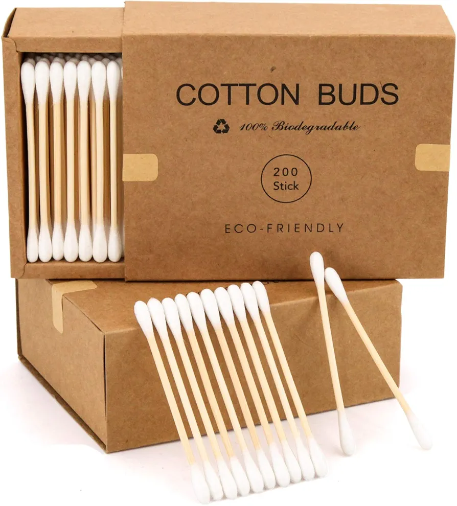Bamboo Cotton Swabs 400 Count - Vegan Cotton Buds - Natural Wooden Ear Sticks With Double Tipped - Organic Cotton Swabs For Ear Wax Removal