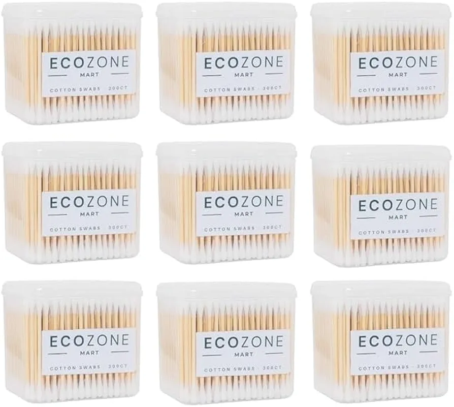 Wooden Biodegradable Cotton Swabs 2700 ct bulk pack of 9- Cue tips for Ear Wax Removel, Applying Makeup and Ear Cleaning 9 containers Bulk Pack(2700 count)